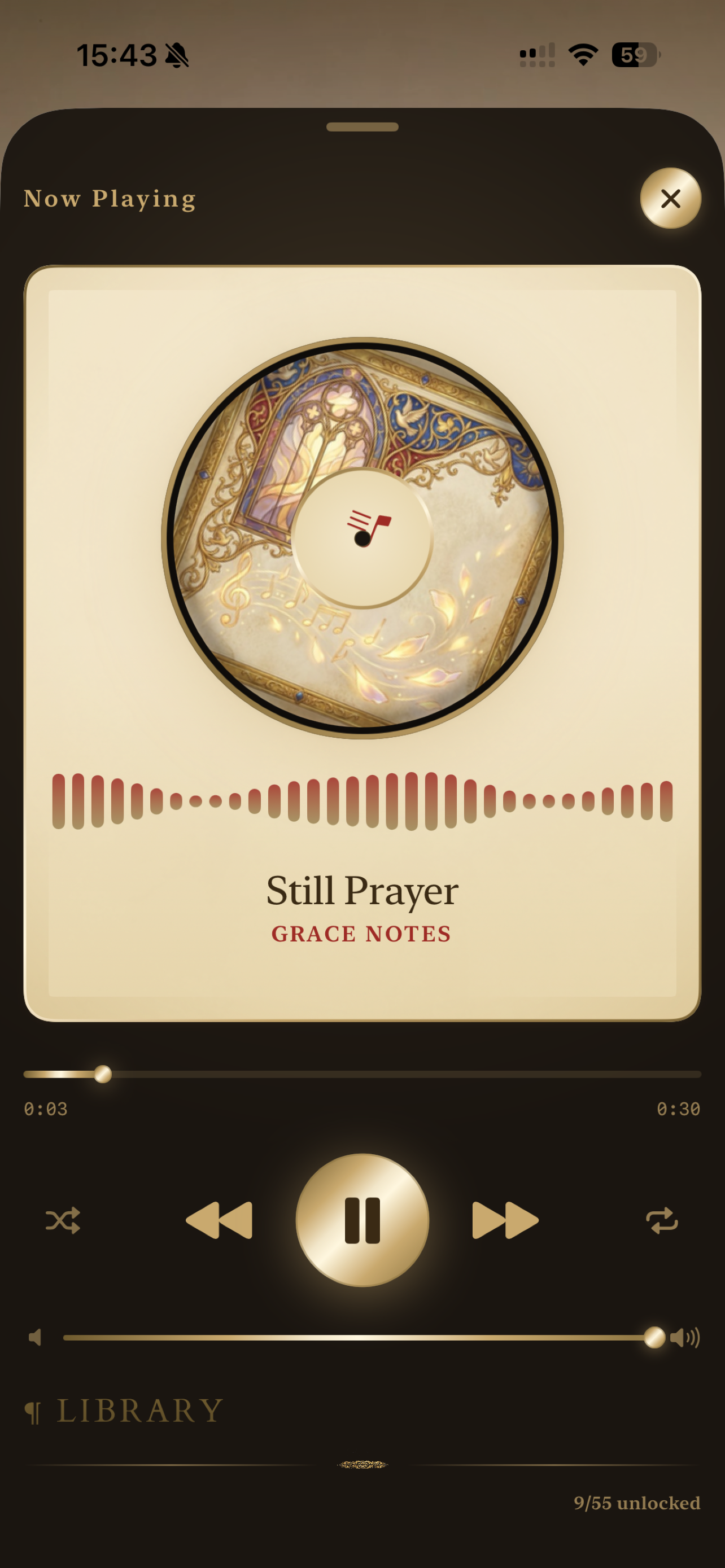 Music player — Still Prayer by Grace Notes, with gold play button