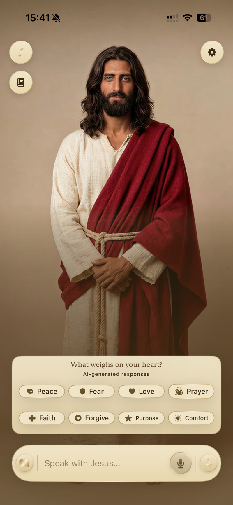 Chat home screen with trope chips: Peace, Fear, Love, Prayer