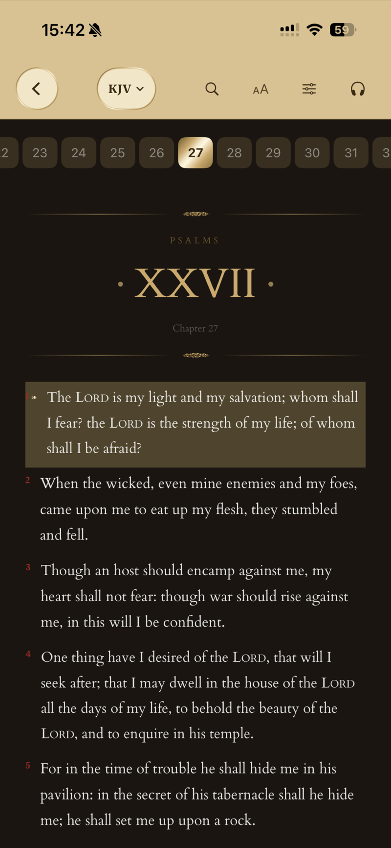 Dark-mode Bible reader showing Psalm XXVII