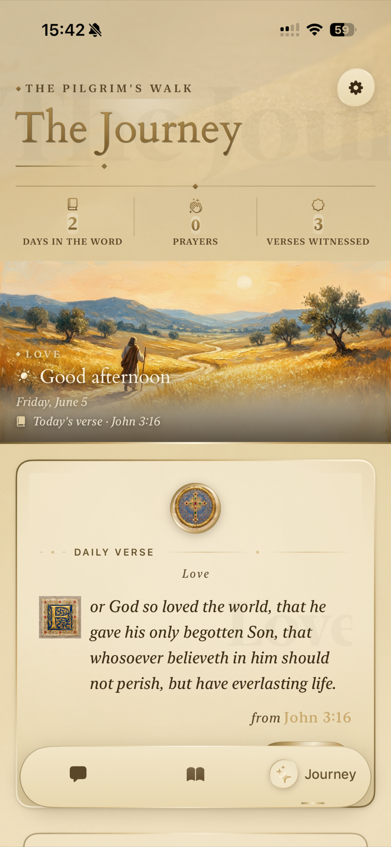 The Journey screen with daily verse and progress stats